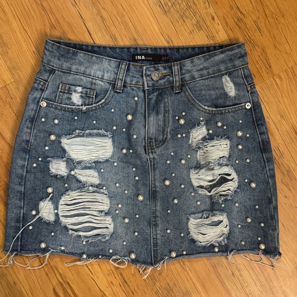 INA Jean Skirt Distressed Pearls Sz S